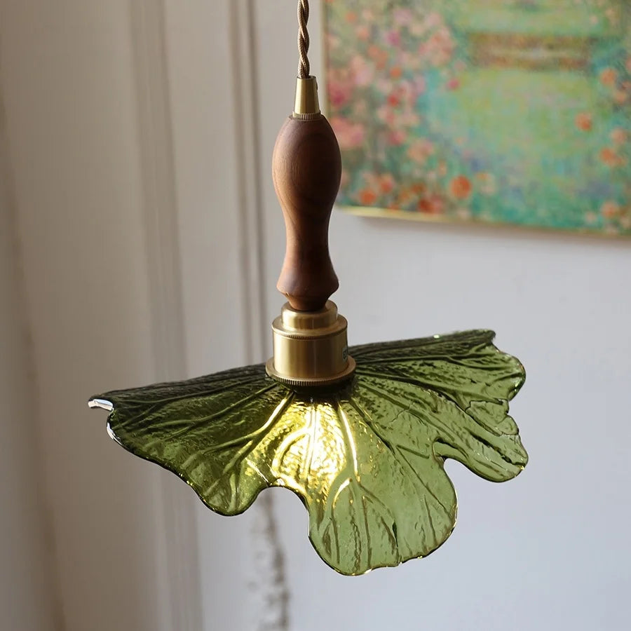 IWHD Home Decor LED Pendant Lights Kitchen Restaurant Copper Socket Flower Green Glass  Nordic Modern Walnut Wood Hanging Lamp