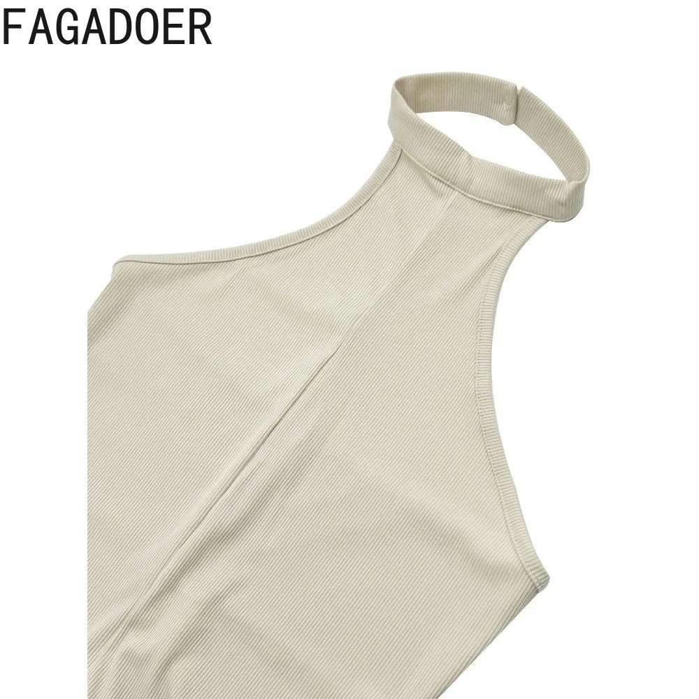 FAGADOER Casual Solid Bodycon Sporty One Pieces Jumpsuits Women Halter Sleeveless Backless Slim Playsuits Female Stacked Overall