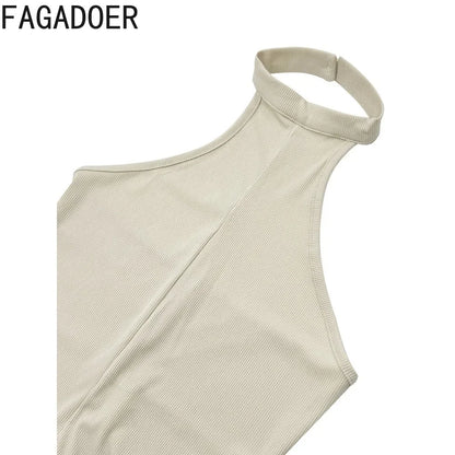 FAGADOER Casual Solid Bodycon Sporty One Pieces Jumpsuits Women Halter Sleeveless Backless Slim Playsuits Female Stacked Overall