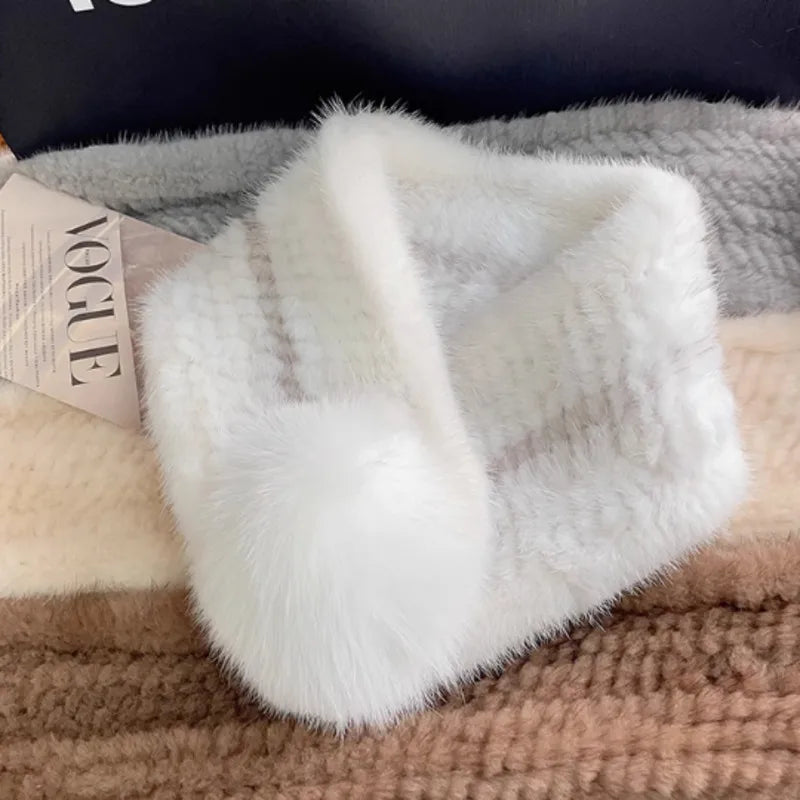 Mink Fur Scarf For Women Winter Warm Mink Fur Neck Warmer With Fox Fur Ball Double-Sided Real Fur Scarf Luxury Natural Fur Scarf