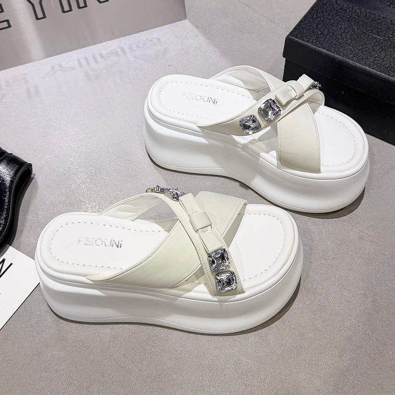 Summer Women's Luxury Rhinestone Bow Platform Wedge Slides Sandals Height Increasing Cross Open Toe Casual Beach Slippers Shoes
