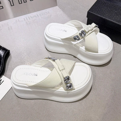 Summer Women's Luxury Rhinestone Bow Platform Wedge Slides Sandals Height Increasing Cross Open Toe Casual Beach Slippers Shoes