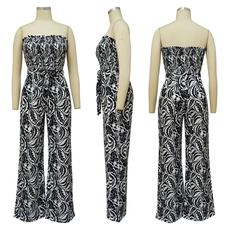 Elegant Print Jumpsuits for Woman Romper Sleeveless Backless Strapless High Waist Loose Straight Wide Leg Jumpsuit Club Clothing