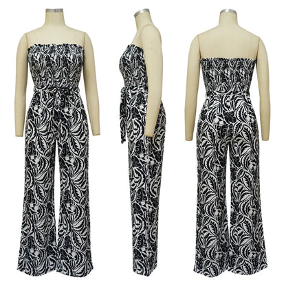 Elegant Print Jumpsuits for Woman Romper Sleeveless Backless Strapless High Waist Loose Straight Wide Leg Jumpsuit Club Clothing