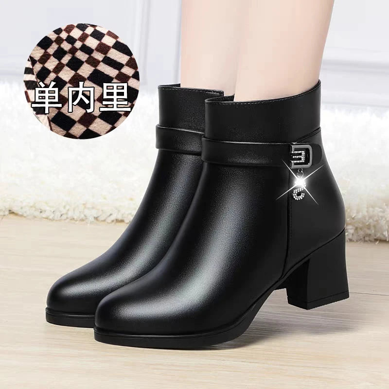 High-Heeled Leather Shoes Spring Single Shoes Thick Heel Thick Sole Slip-On Women's Shoes Square Toe Middle-Aged Mother's Shoes