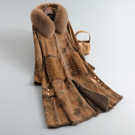 PUDI Women's Real Rabbit Fur Coat with Fox Fur Collar Outwear Female Mid Length Hooded Jacket With Mink Fur Pocket CT445