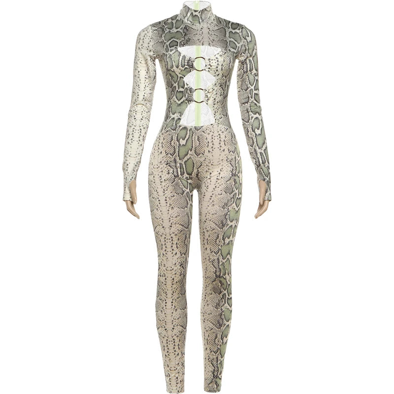 Weird Puss Snake Print Jumpsuit Woman Sexy Cirque Hollow Full Sleeve Skinny Fitness Midnight Clubwear Party Coquette Overalls