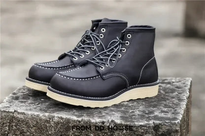 Men's Goodyear-Welted Vintage Genuine Leather Mid-calf Motorcycle Boots Round toe Casual Punk Dress Boots Work Shoes Western Red