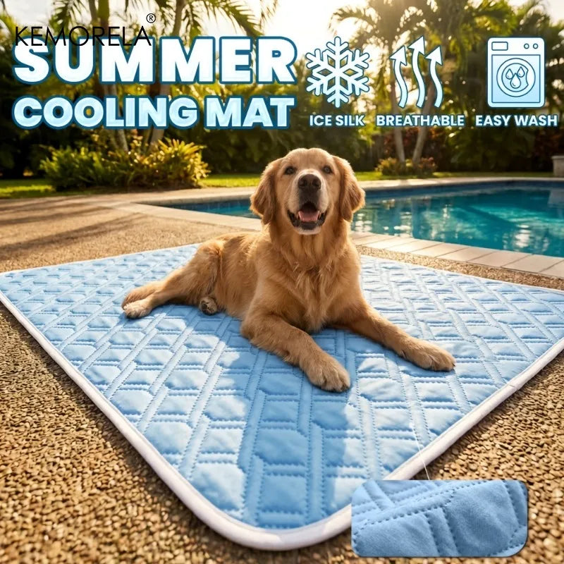 KEMORELA 1pc Summer Dog Cooling Mat Glacier Blue - Ice Silk Fiber Mat, Breathable Skin-Friendly Cooling for Puppies & Adult Dogs