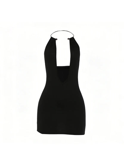 Weird Puss Sexy Backless Dress Woman Summer Trend Metal Ring Halter Low-Neck Sleeveless Hottie Midnight Club Party Mini Bodycon