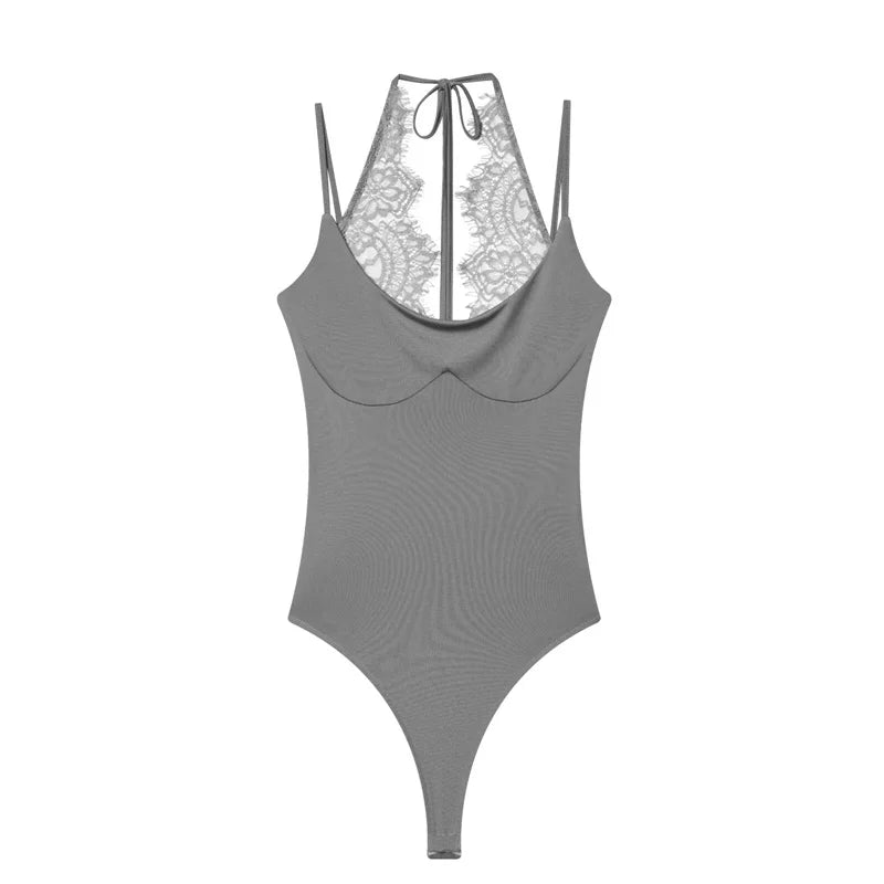 Women's Bodysuit 2026 New Fashion Summer Black Spliced Lace Bodysuit for Women Elegant Chic Personality Spaghetti Strap Bodysuit