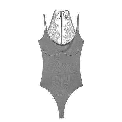 Women's Bodysuit 2026 New Fashion Summer Black Spliced Lace Bodysuit for Women Elegant Chic Personality Spaghetti Strap Bodysuit