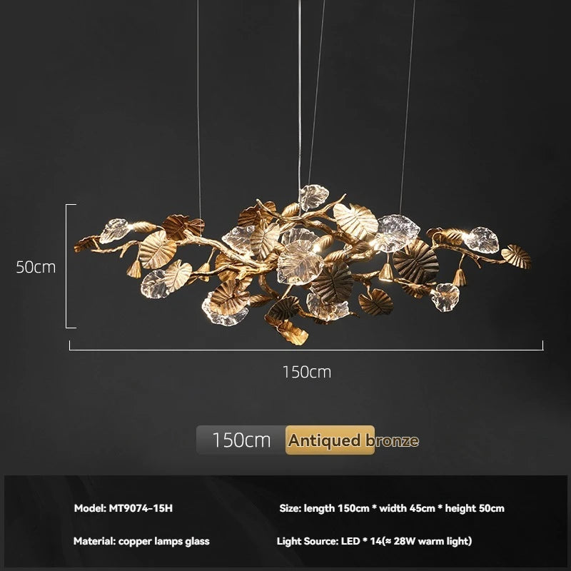 Luxury Copper Branch Chandelier Dining Table Retro Restaurant Light with Leaf Crystal Pendant Lamp Living Room Bar Kitchen Vila