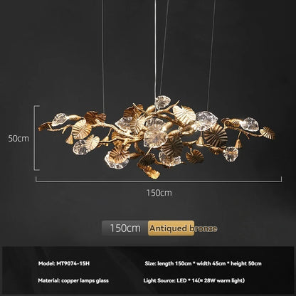 Luxury Copper Branch Chandelier Dining Table Retro Restaurant Light with Leaf Crystal Pendant Lamp Living Room Bar Kitchen Vila