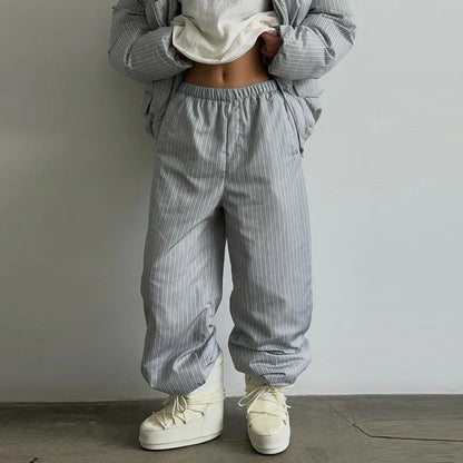 Polka Dots Hooded Cotton Coats Trousers Set 2026 Winter Loose Zippers Drawstring Jacket Elastic Waist Pants Women's Warm Outfits