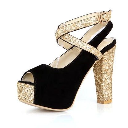 12CM High Heel Thick Heel Sandals Spring and Summer New Style Buckle Fish Mouth Women's Shoes Black Blue Plus Size 32-43