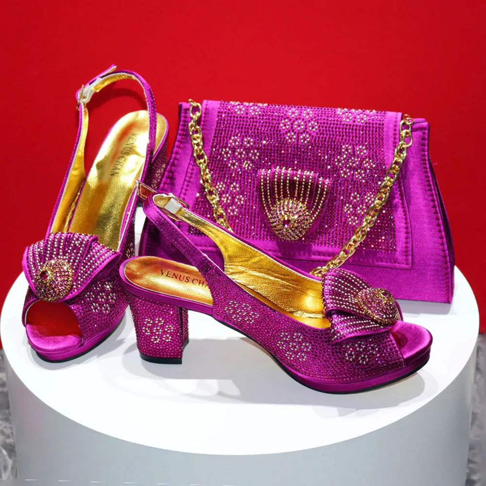 Mature Sweet Spot Good Arrival Peach Color Square Heels Peep Toe Shoes Matching Bag Set For Nigerian Women Wedding Party Pump