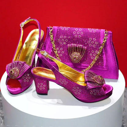 Mature Sweet Spot Good Arrival Peach Color Square Heels Peep Toe Shoes Matching Bag Set For Nigerian Women Wedding Party Pump