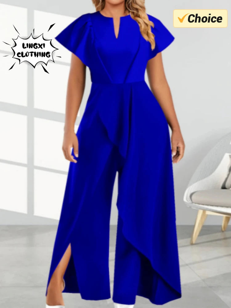 2024 Summer New Elegant Women's V-neck Irregular Jumpsuit Solid Color Short Sleeved Long Style Banquet Women's Jumpsuit
