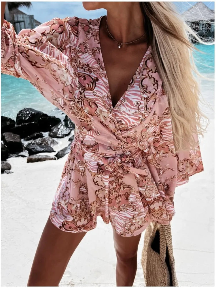 Spring Summer Boho Women Jumpsuit Fashion Deep V Neck Lantern Sleeve Casual Print Rompers Shorts Women's Elegant Jumpsuits New