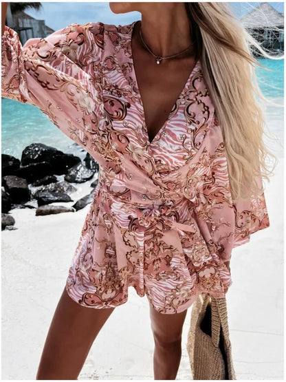 Spring Summer Boho Women Jumpsuit Fashion Deep V Neck Lantern Sleeve Casual Print Rompers Shorts Women's Elegant Jumpsuits New
