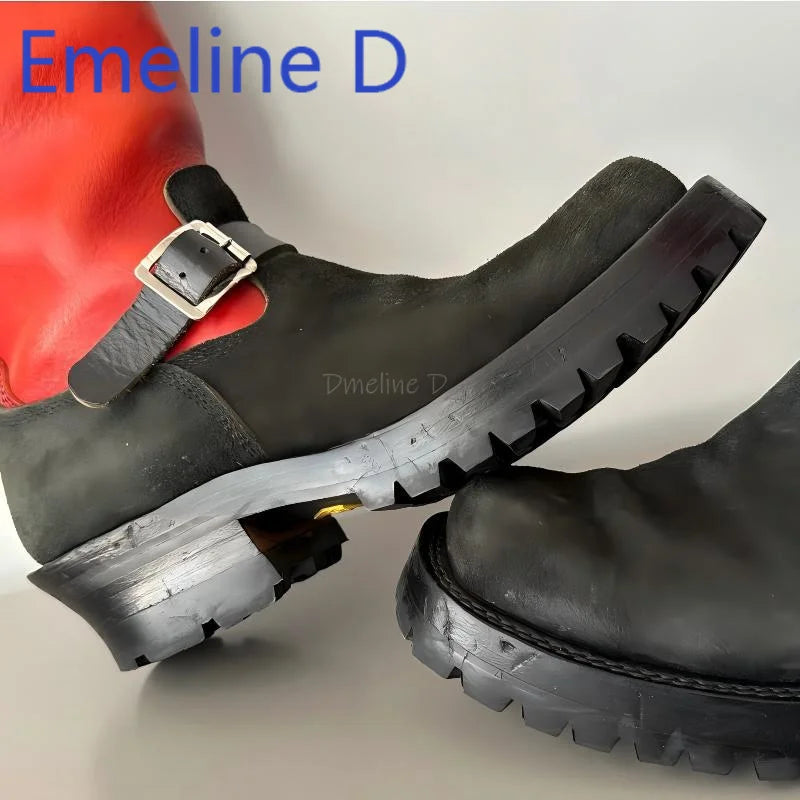 Color Blocked Upturned Western Cowboy Boots Fashionable Leather Splicing Design for Men and Women Square Headed Knight Boots
