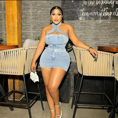 Sexy Denim Two Piece Set Women Y2K Clothes Zipper Halter Hollow Out Backless Crop Top and Mini Skirt Club Party Matching Sets