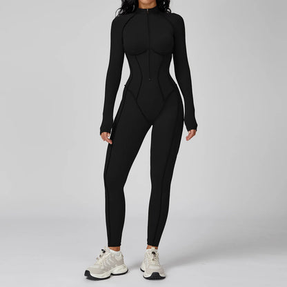 Sexy Rompers Workout Zipper Jumpsuit Long Sleeves Sports Bodysuits Women Gym Running Fitness Suits Gym Tracksuit Sportswear