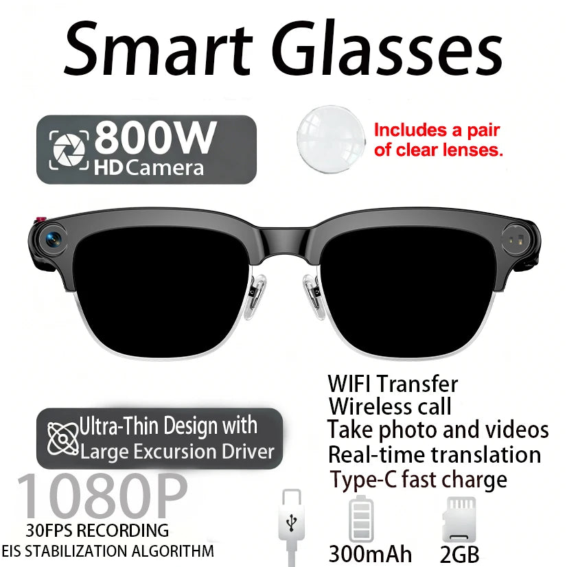New Smart Glasses Take Photos and Videos Real-Time Translation Voice Assistant Translation 2GB Memory 800W Camera Smart Glasses