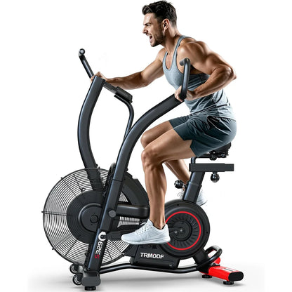 Pooboo Air Resistance Fan Exercise Bike, Upright Stationary Indoor Cycling Bike with Bluetooth Connection, Dual Action Handlebars and Dual-Layer Transmission System for Home Gym Cardio Training