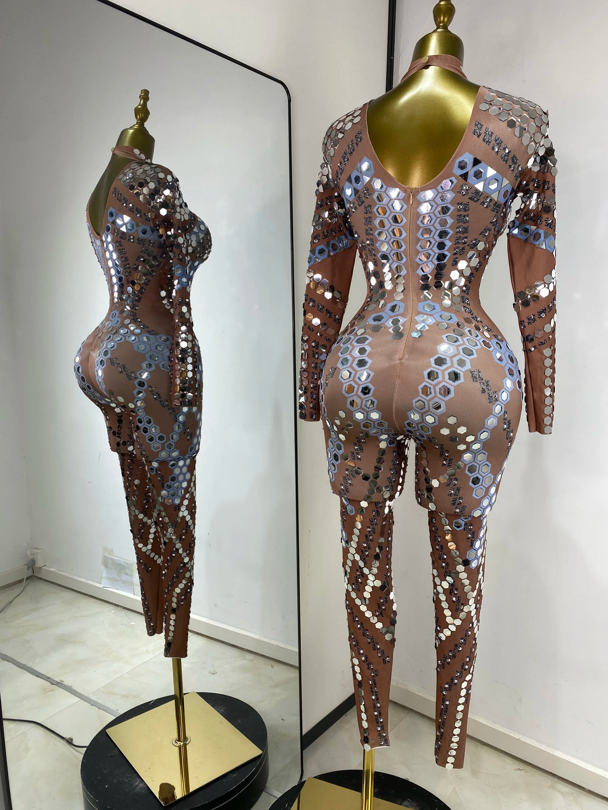 Women Performance Costumes Printed Sequines Rhinestones Spandex High Elastic Bodycon Jumpsuits Nightclub Evening Party Dress