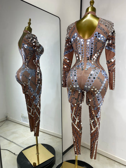 Women Performance Costumes Printed Sequines Rhinestones Spandex High Elastic Bodycon Jumpsuits Nightclub Evening Party Dress
