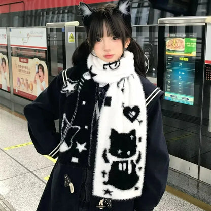Y2K Guitar Cat Scarves for Women Winter Simulated Mink Fur Long Scarves Japanese Double-sided Knitted Long Luxury Mink Fur Wrap