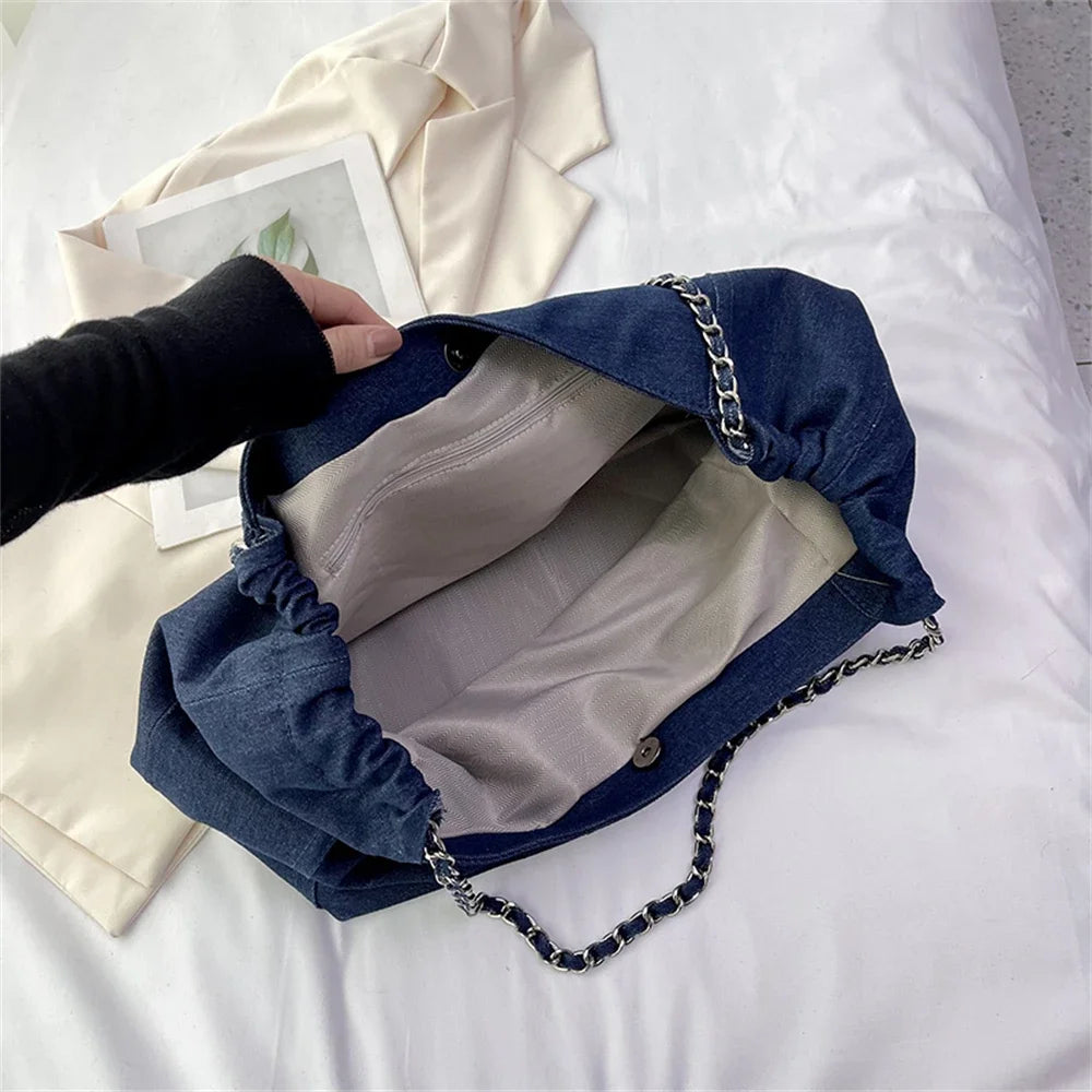 Chic Style Big Chain Shoulder Tote Bags For Women 2023 Luxury Designer Handbags Denim Fabric Pure Color Large Capacity Shoppers
