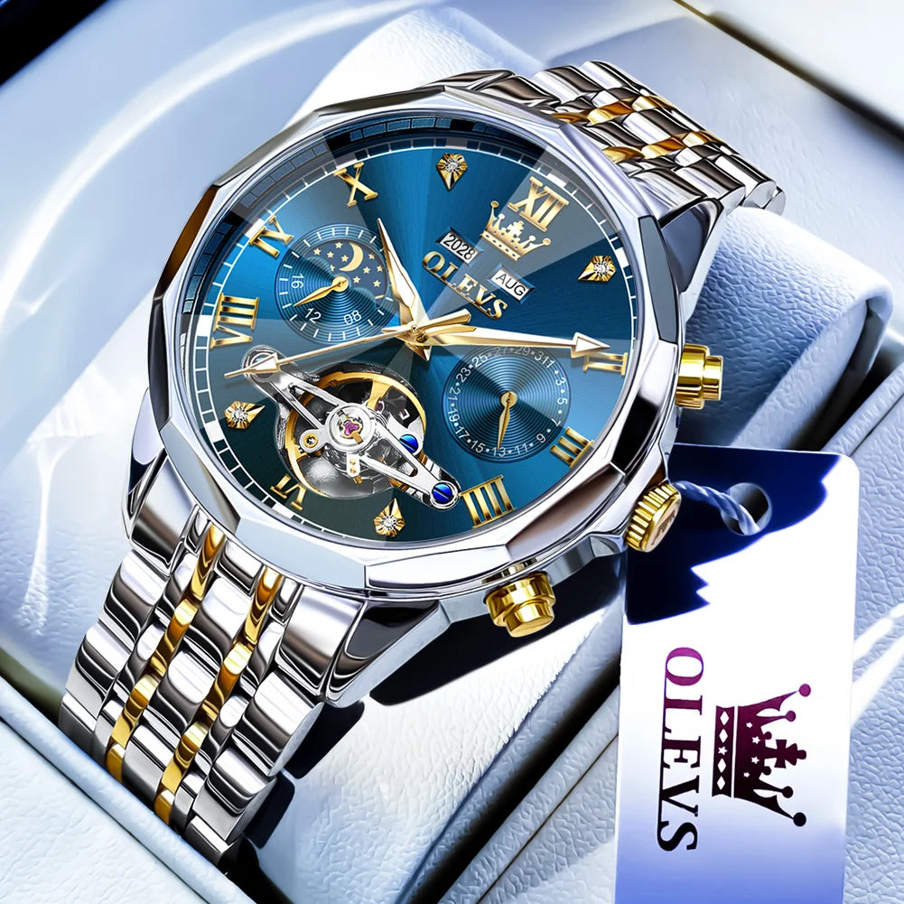  OLEVS Automatic Mechanical Watch for Men Tourbillon Moon Phase Diamond Dial Stainless Steel Strap Waterproof Men Wristwatch