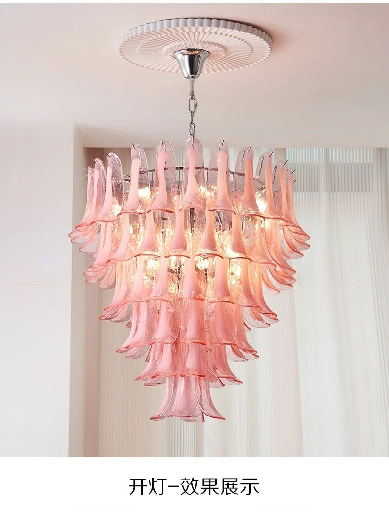 French Murano Petal Glass Chandelier Dining Table Living Room Antique Style Pink Petal Glass Pendant Chandelier Lights Bedroom