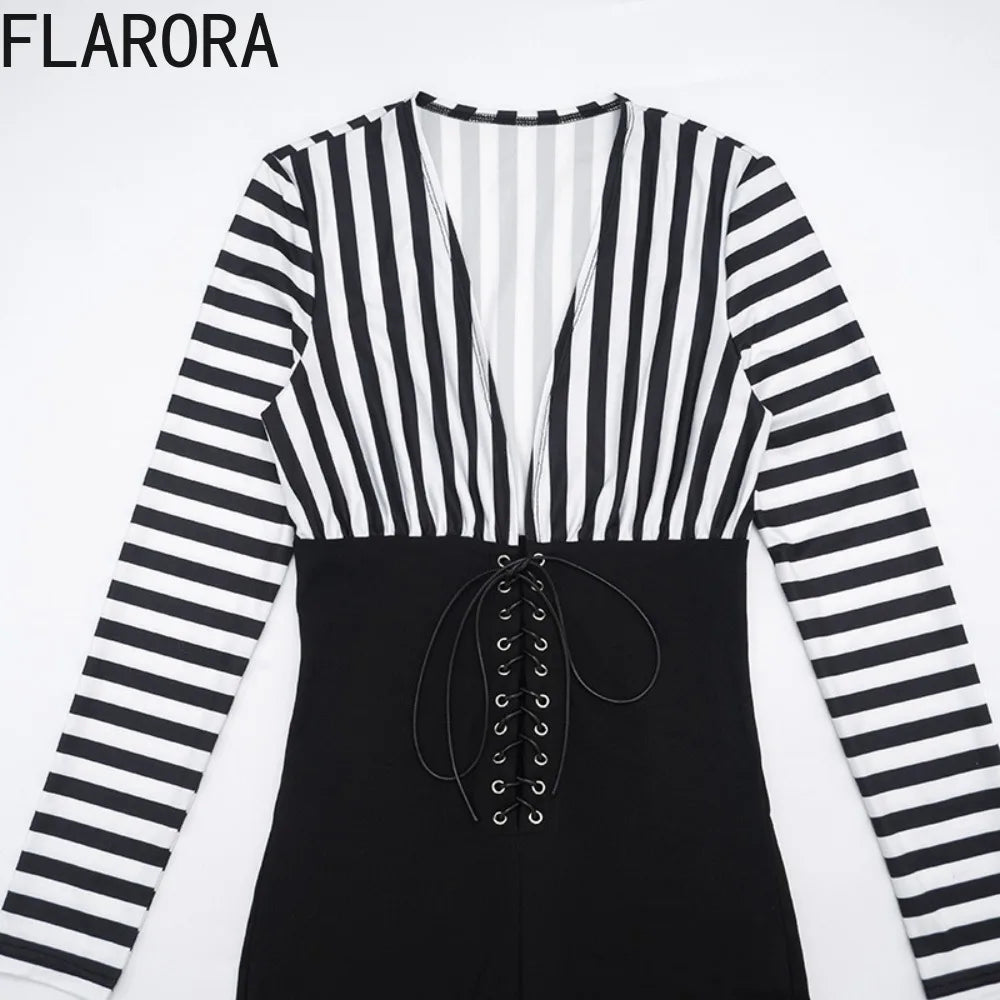FLARORA Trend Stripe Color Blocking Jumpsuits Woman Deep V Neck Full Sleeve Bandage Skinny Peach Hip Sexy Party Club Overalls