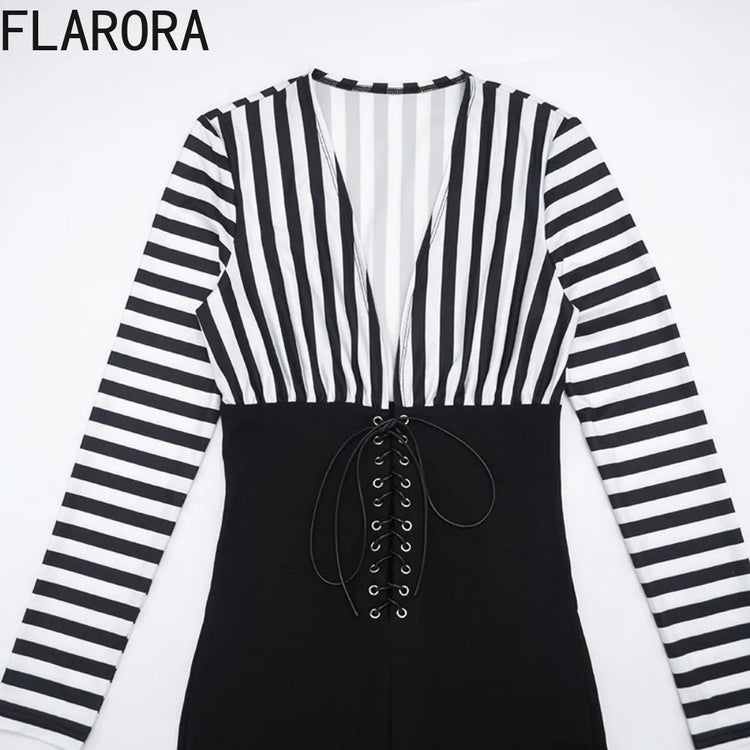 FLARORA Trend Stripe Color Blocking Jumpsuits Woman Deep V Neck Full Sleeve Bandage Skinny Peach Hip Sexy Party Club Overalls