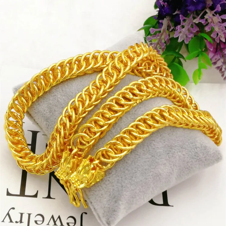 Outdoor Wear-Resistant Dragon Head Double Row Necklace For Men 24K Gold AU999, durable for daily labor and sports