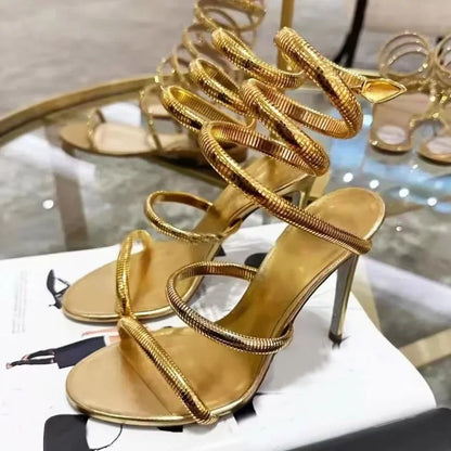 Luxury Designer High Heels Women Sexy Snake Twine Party Dress Shoes Ladies Stripper Shoes Open Toe Summer Sandals for Women