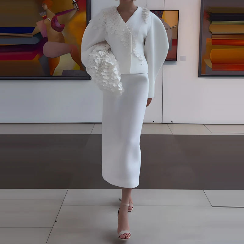 Elegant V-neck Coat & Half Skirts Outfits Women Casual Puff Sleeve Long Skirt Suits Fashion Petals Decoration Solid 2 Piece Sets