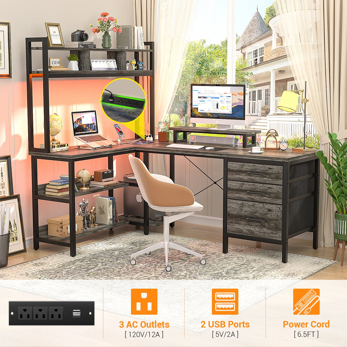 Aheaplus L-Shaped Gaming Desk with LED Lights, Reversible Corner Computer Desk with Power Outlet, 3 Fabric Drawer & Monitor Stand, Large Storage Shelves for Home Office, Black Oak