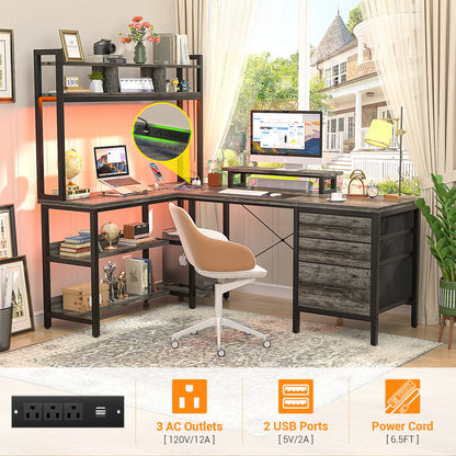 Aheaplus L-Shaped Gaming Desk with LED Lights, Reversible Corner Computer Desk with Power Outlet, 3 Fabric Drawer & Monitor Stand, Large Storage Shelves for Home Office, Black Oak