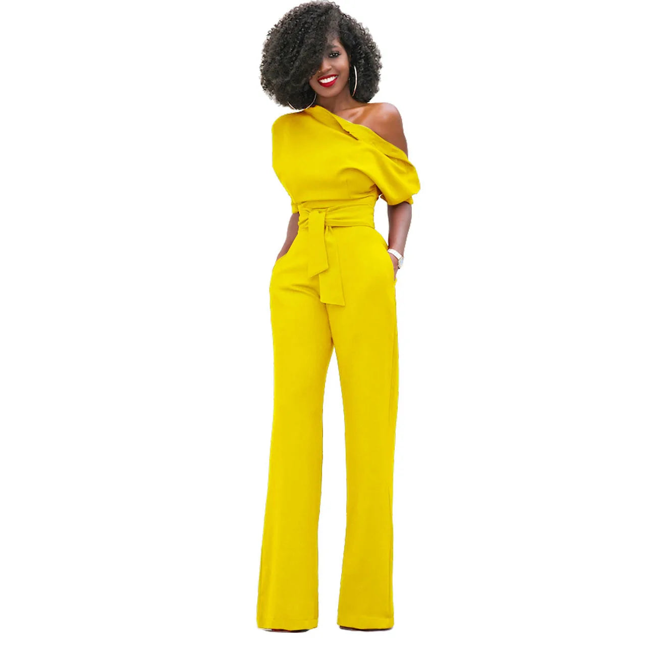 2024 Summer New Fashion Women's Jumpsuit Solid Color Slanted Shoulder Elegant Temperament Sleeveless Long Wide Leg Jumpsuit
