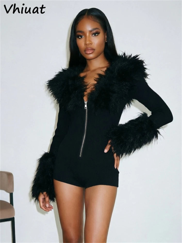 Vhiuat Women Women's Sexy Kintted Faux Fur Slim Playsuits Fashion Streetwear Rompers Fashion One-piece Tops All-match Bodysuit