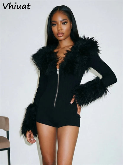 Vhiuat Women Women's Sexy Kintted Faux Fur Slim Playsuits Fashion Streetwear Rompers Fashion One-piece Tops All-match Bodysuit