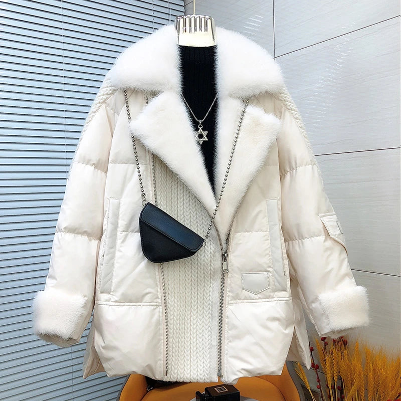 OFTBUY Fashion Autumn Winter Real Mink Fur Coat Women Natural White Goose Feather Down Jacket Luxury Outerwear Loose Streetwear