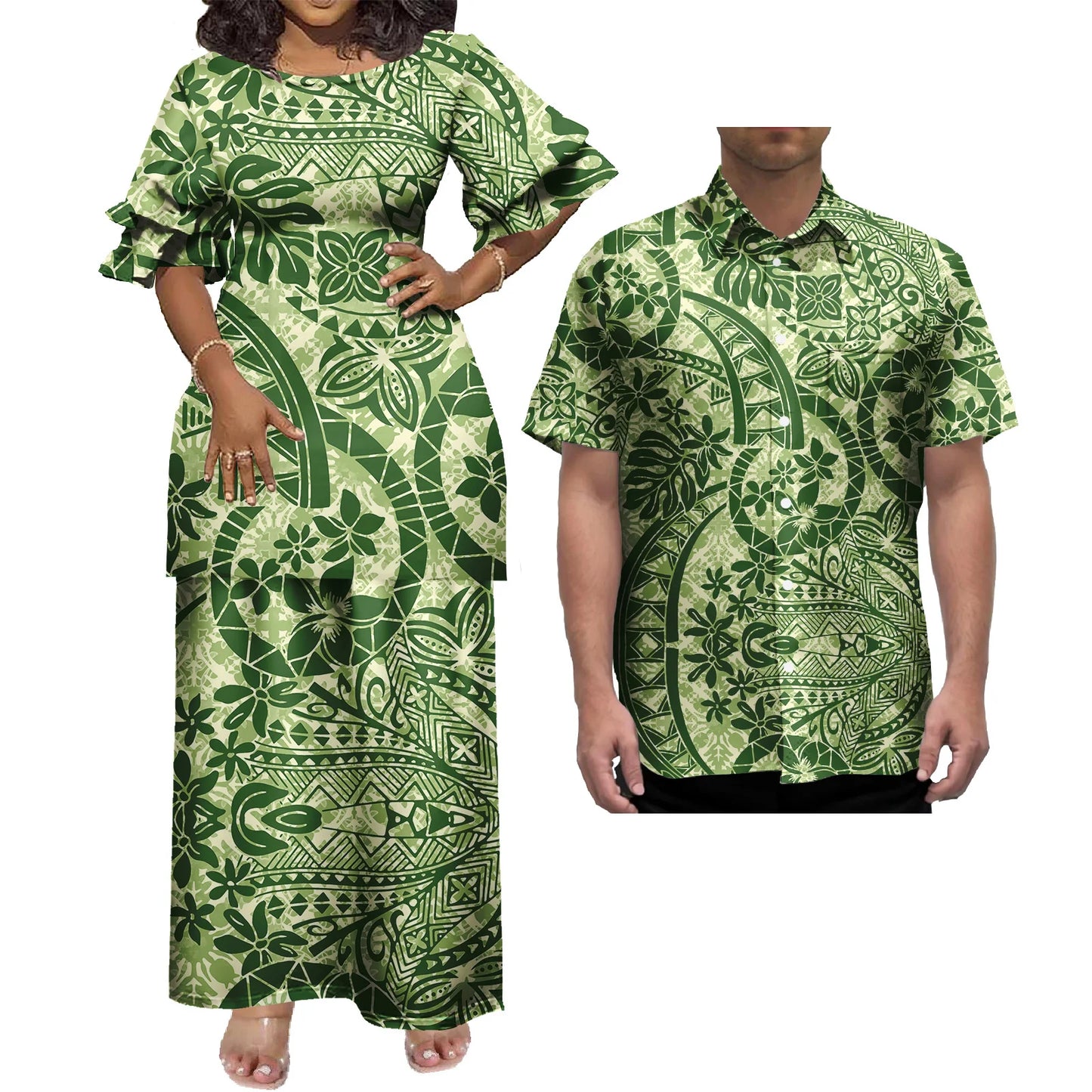 New Wholesale Custom Polynesian Tribal Design Petal Sleeve Samoan Puletasi Set Ptaha Plus Size Women 2 Piece Outfits Sets Dress
