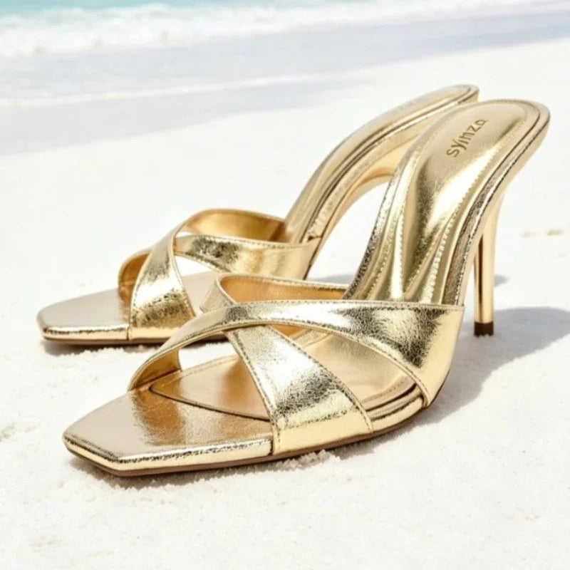 Fashion Gold Cross Tied Stiletto Slingback Sandals for Women Sexy Square Toe Open Toe Slide Sandals Luxury Brand Designer Shoes