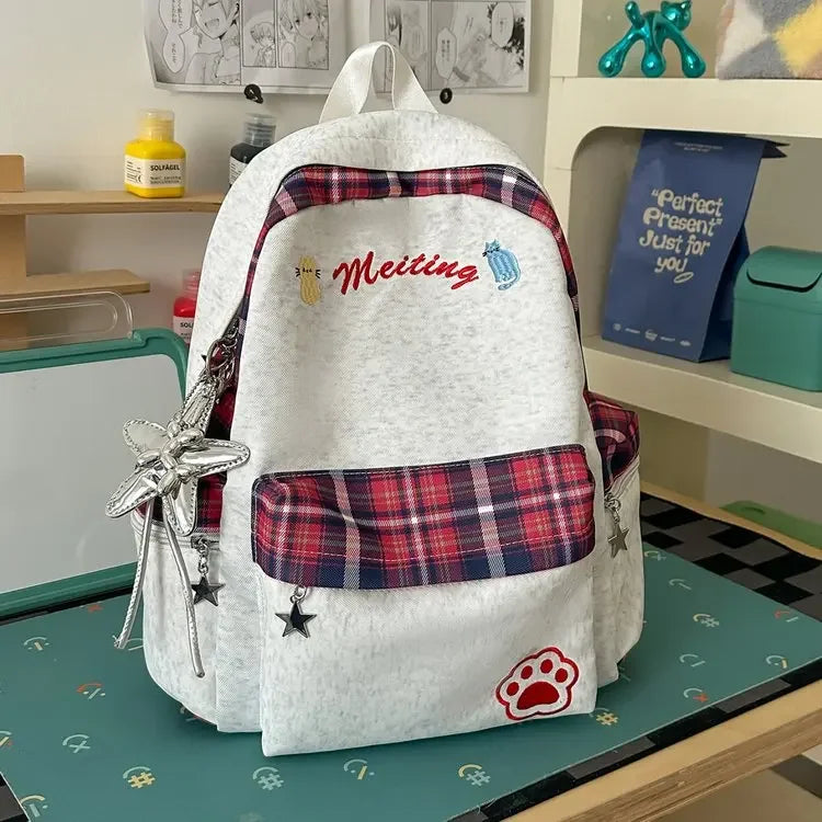 Preppy Style Blue Backpack for Girls, Plaid Spliced School Bag, Cute Nylon Daypack Star Pendant, Large Capacity Student Rucksack